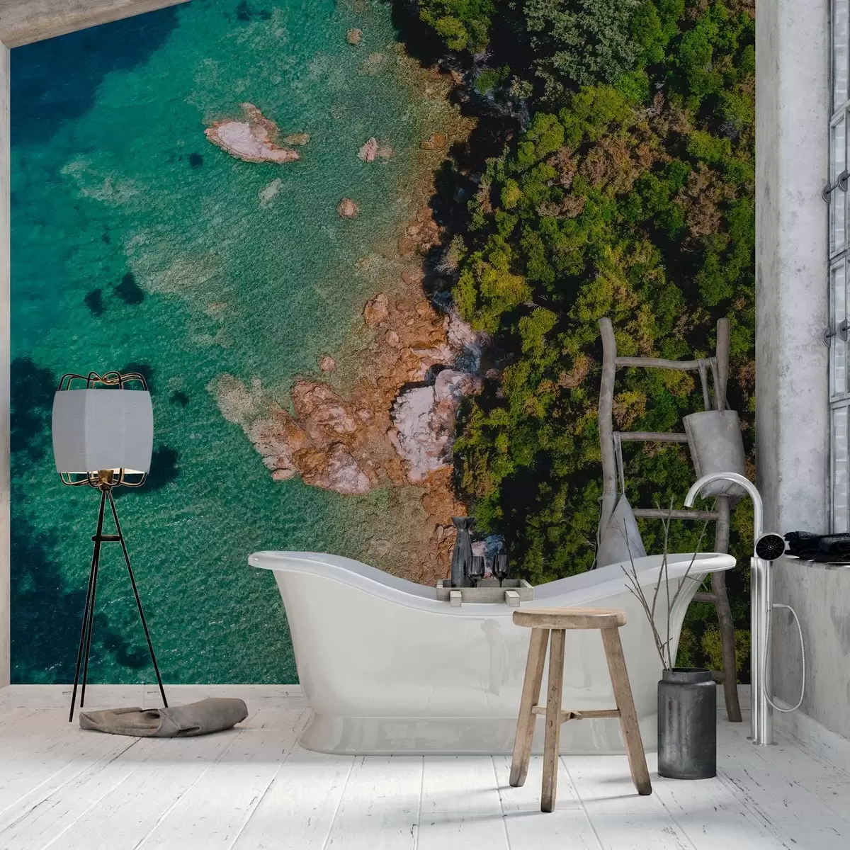 murales de pared Costa de España con agua marina, bosque de pinos, fotografía aérea w04099