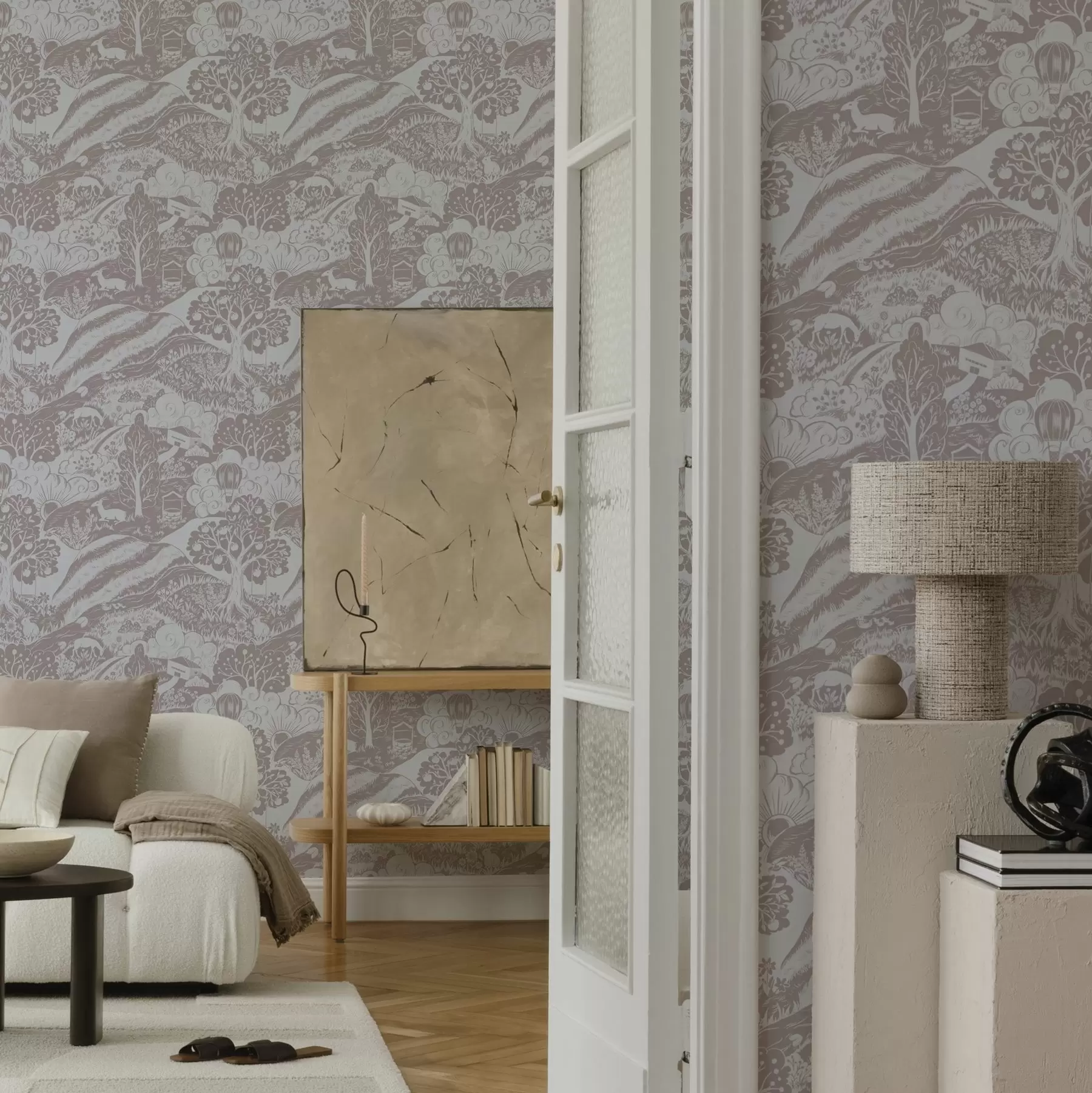 murales de pared Ilustración pastel de cuento de hadas con animales y árboles a00172v1