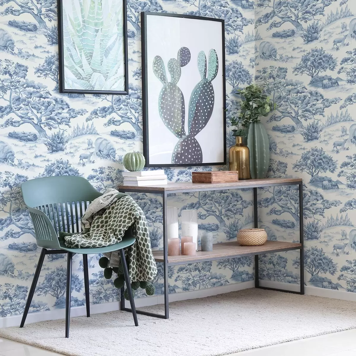Papel pintado Paisaje rural en tonos azules con ovejas y árboles a00178