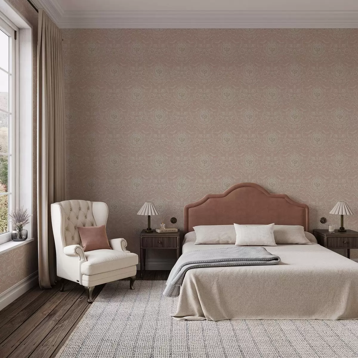 Papel pintado Estampado clásico rosa con medallones y flores a00185