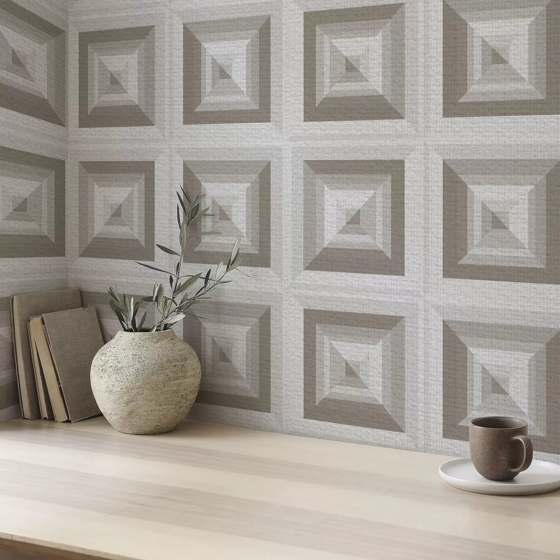 murales de pared Estampado geométrico tridimensional en gris y beige a00187