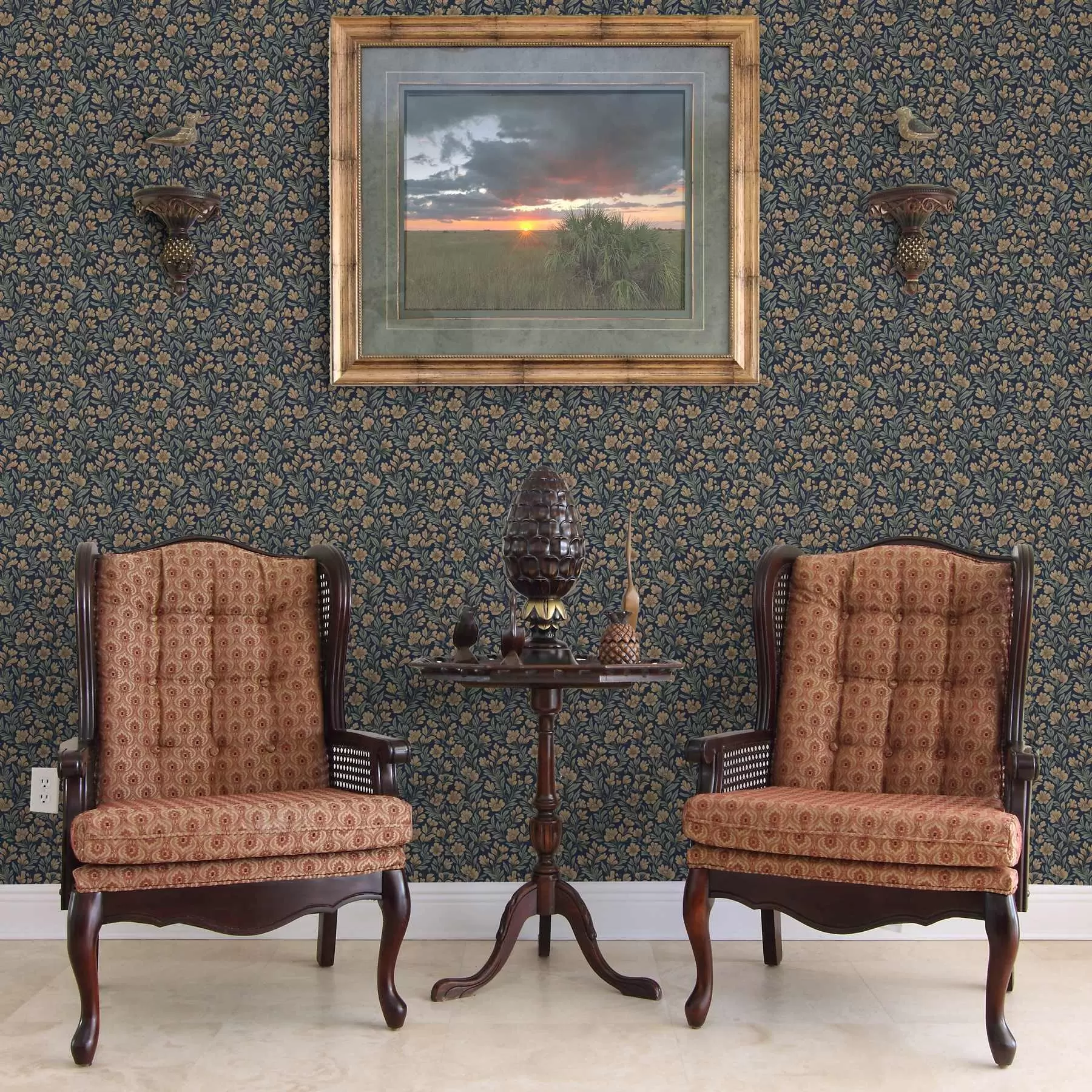 murales de pared Flores naranjas sobre fondo azul oscuro en estilo vintage a00200