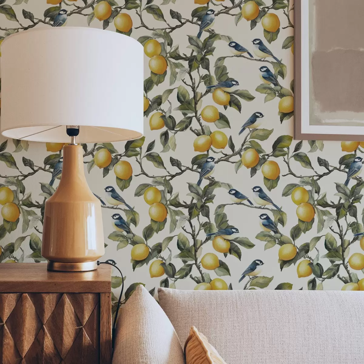 Papel pintado Pájaros y limones en las ramas, dibujo botánico en acuarela a00207