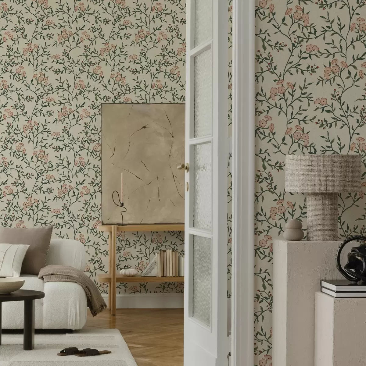 Papel pintado Ramas caladas con flores de coral, motivo floral a00221