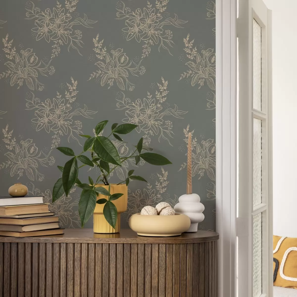 Papel pintado Flores de contorno sobre fondo gris azulado, elegante motivo botánico a00226