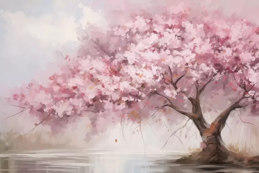 murales de pared Abstracto árbol en flor rosa en plena floración, junto a un río, pinceladas de textura suave y colores pastel w09193