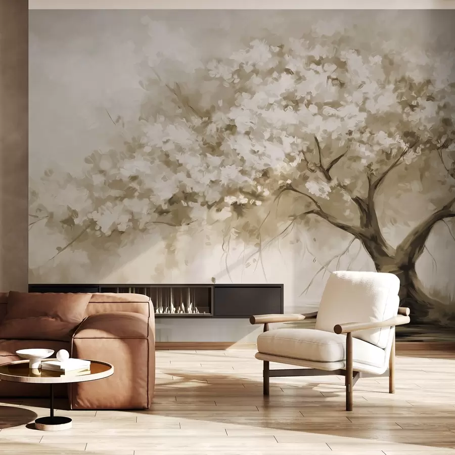 murales de pared Árbol abstracto de flores beige en plena floración, junto a un río, pinceladas de textura suave y colores pastel w09193v1