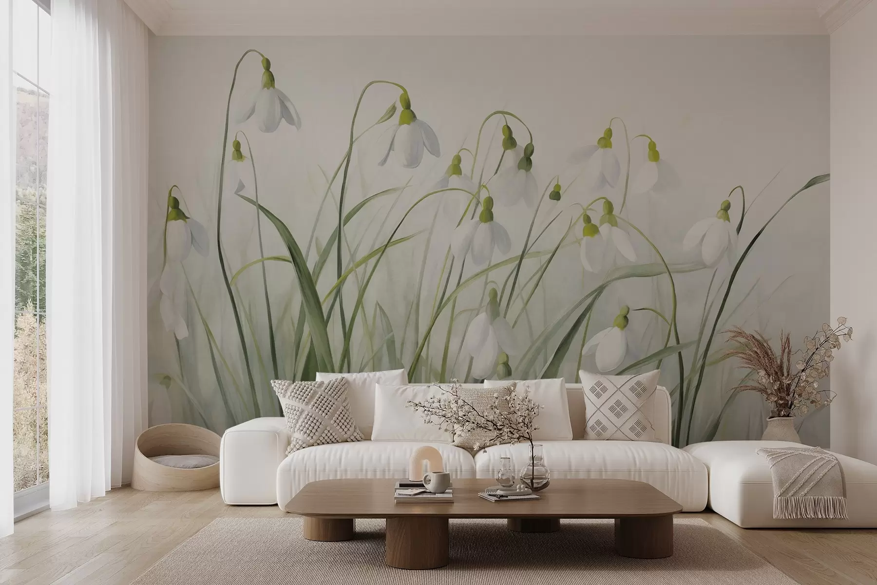 murales de pared Flores de campanillas de invierno con tallos y hojas de textura verde, estilo acuarela primaveral, pinceladas delicadas w09195