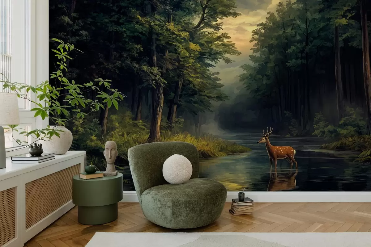 murales de pared Bosque con ciervos y río al estilo del óleo holandés w04072