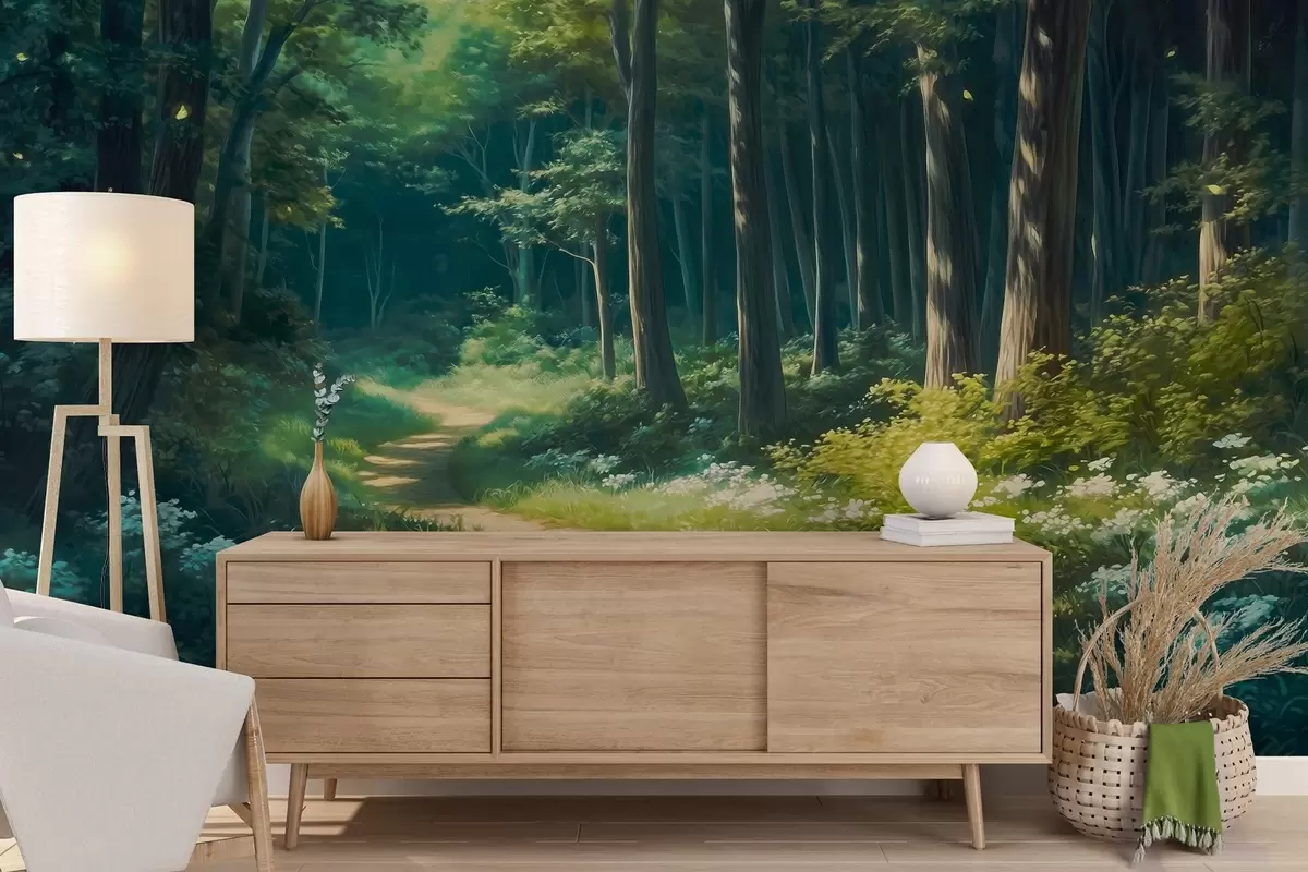 murales de pared Bosque verde con suave luz solar, árboles y flores blancas, dibujo al óleo w04118