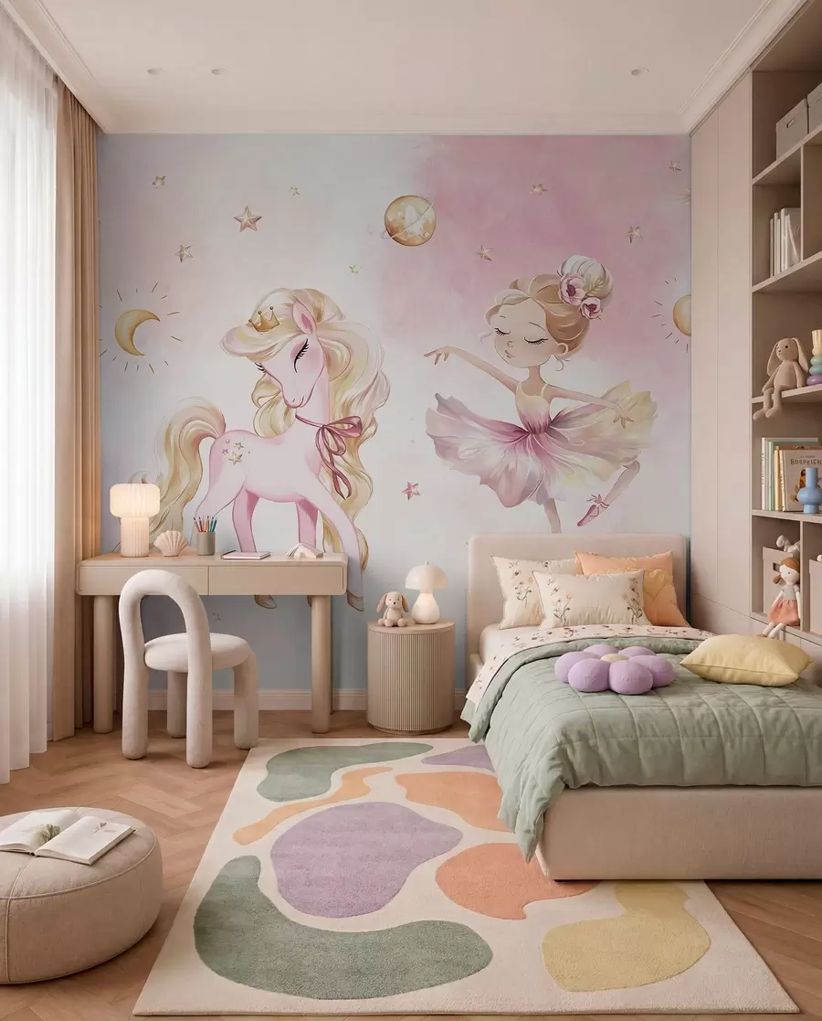 murales de pared Unicornio y bailarina en un cuento de hadas rosa, cuento infantil w04196