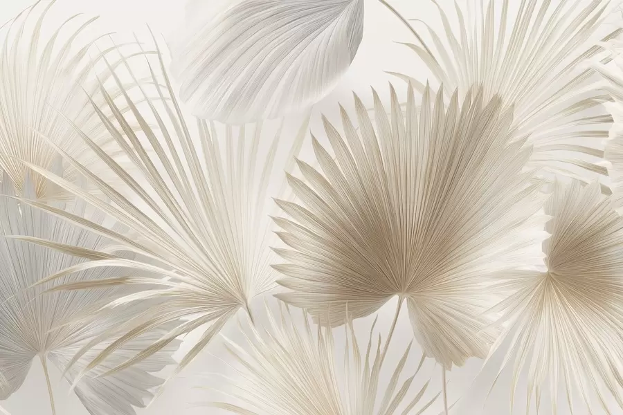 murales de pared Suaves abanicos de hojas tropicales en tonos beige claro y azulados w09084
