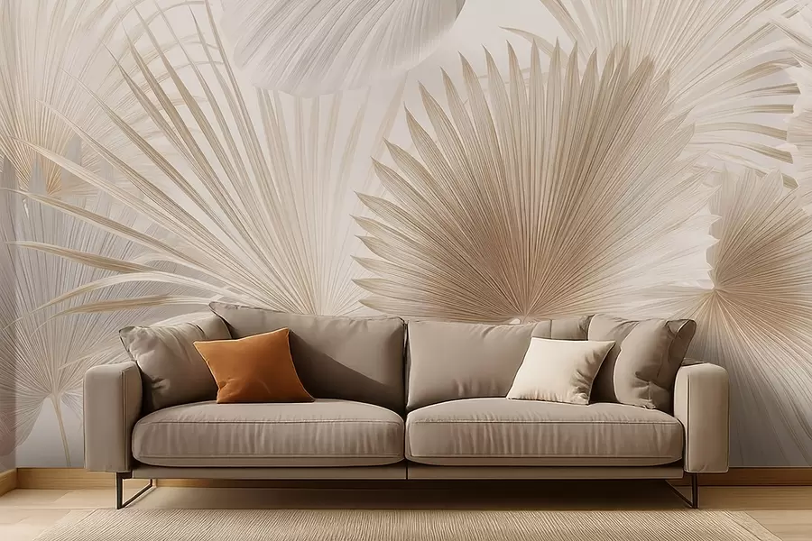 murales de pared Suaves abanicos de hojas tropicales en tonos beige claro y azulados w09084