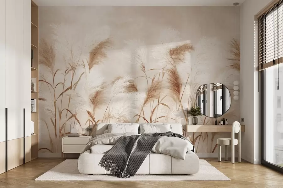 murales de pared Elegantes flores de hierba de la pampa en suaves tonos beige y lechosos w09150v1
