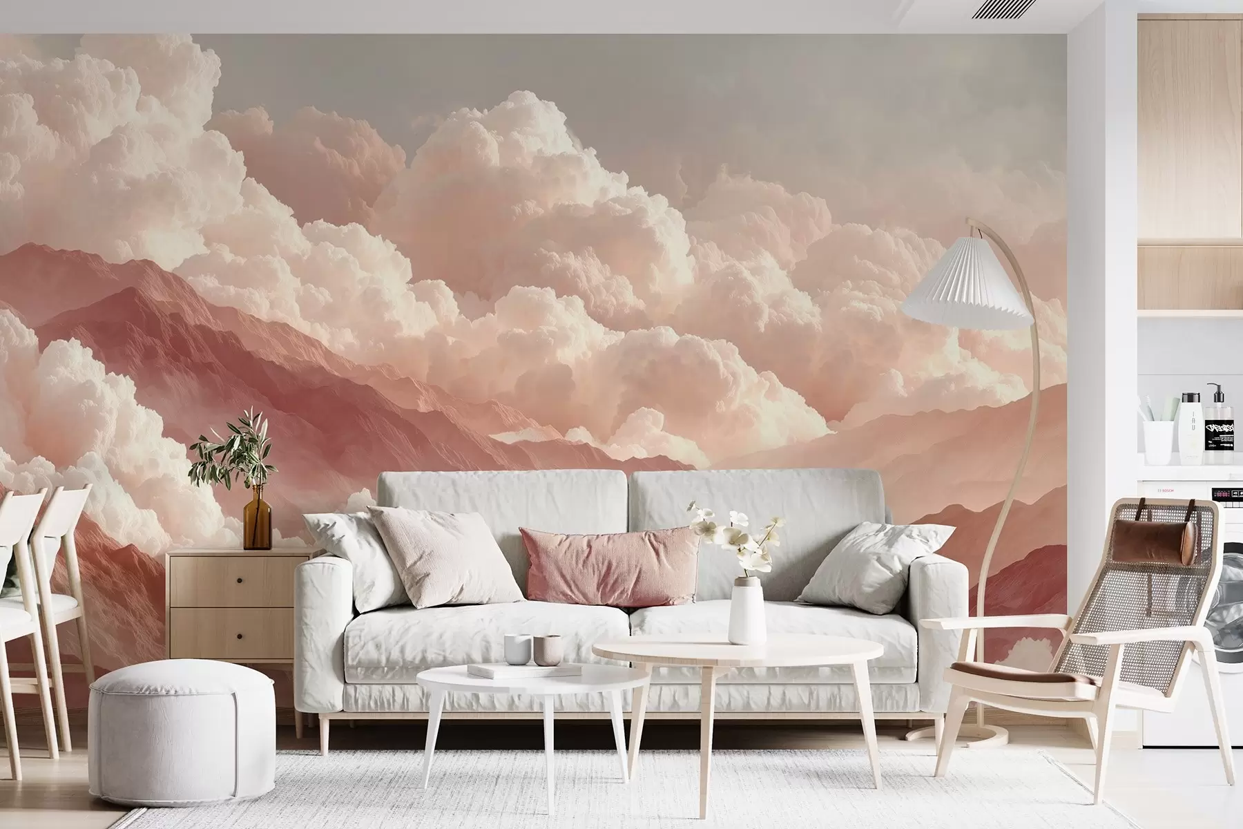 murales de pared Cálido amanecer sobre montañas con nubes esponjosas w09226