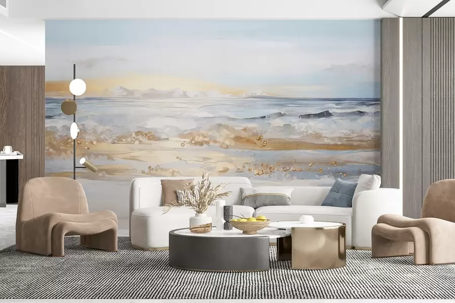 murales de pared Paisaje abstracto con textura de olas del mar rompiendo en una playa de arena, colores pastel suaves, cielo azul con nubes ligeras w09234