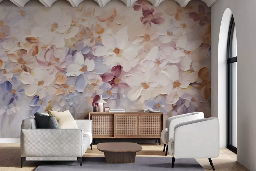 murales de pared Pintura al óleo imitación de un jardín de flores con flores blancas, rosas y naranjas, pinceladas suaves, colores pastel apagados w09236