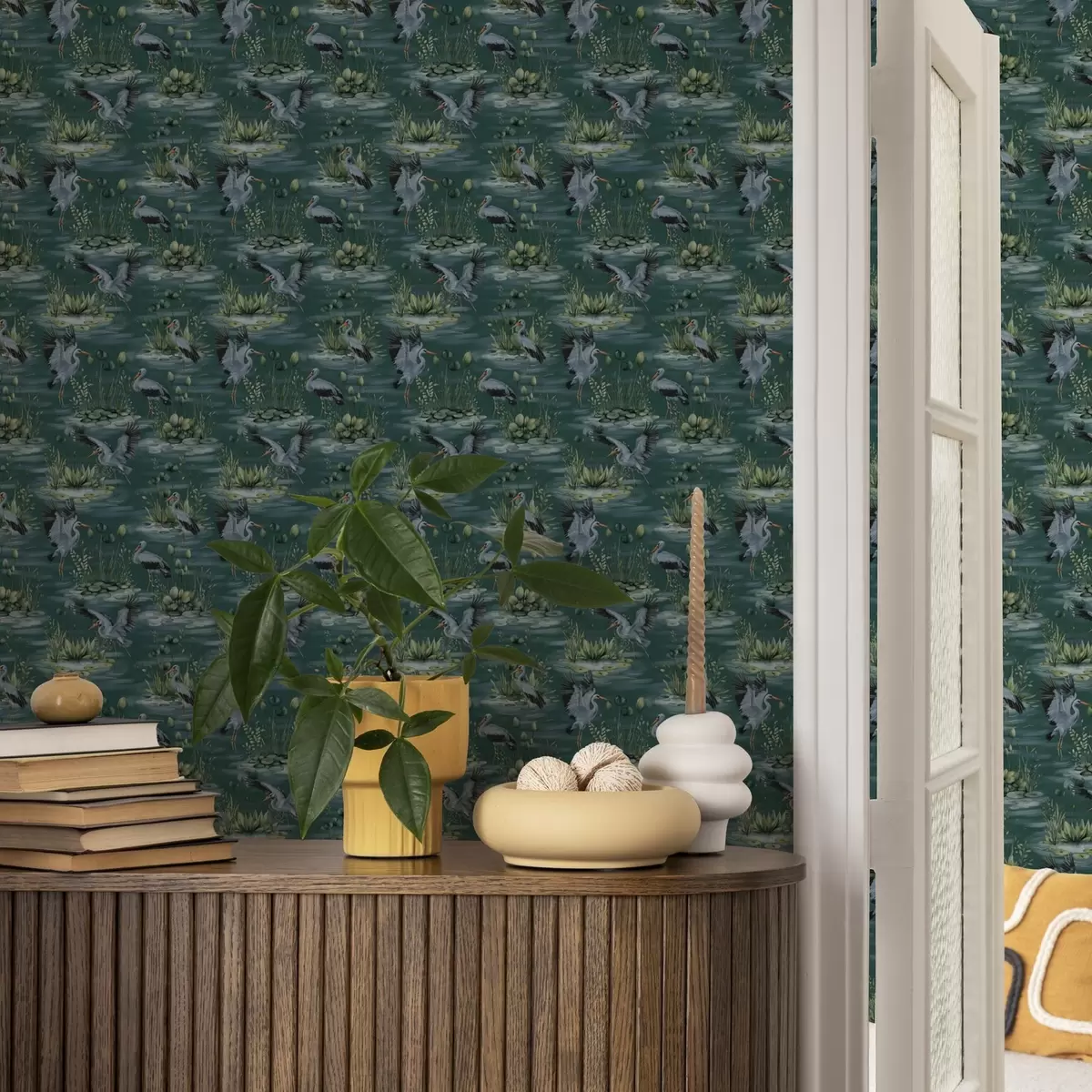 Papel pintado Escenas con garzas sobre fondo de estanques y nenúfares a00202