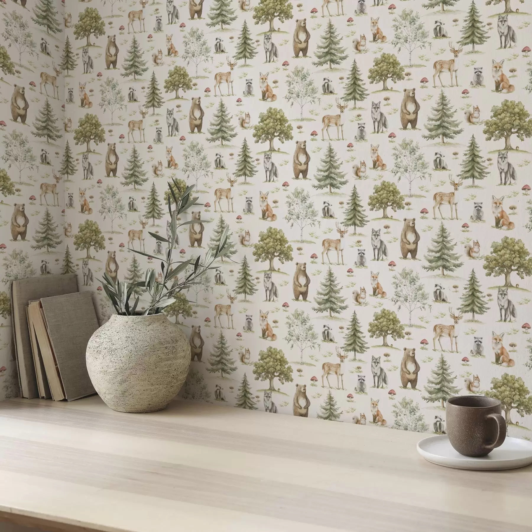 murales de pared Animales del bosque en estilo acuarela suave, árboles y setas a00212