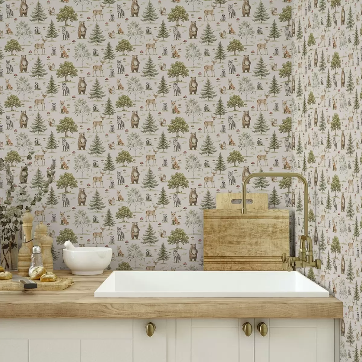 Papel pintado Animales del bosque en estilo acuarela suave, árboles y setas a00212