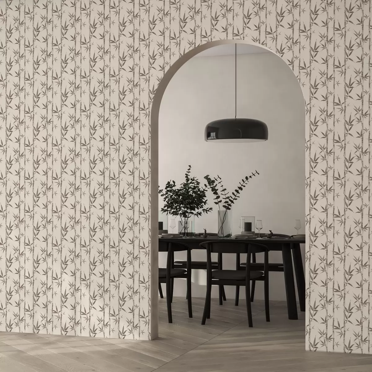 Papel pintado Estampado de bambú beige con hojas de estilo japonés a00236