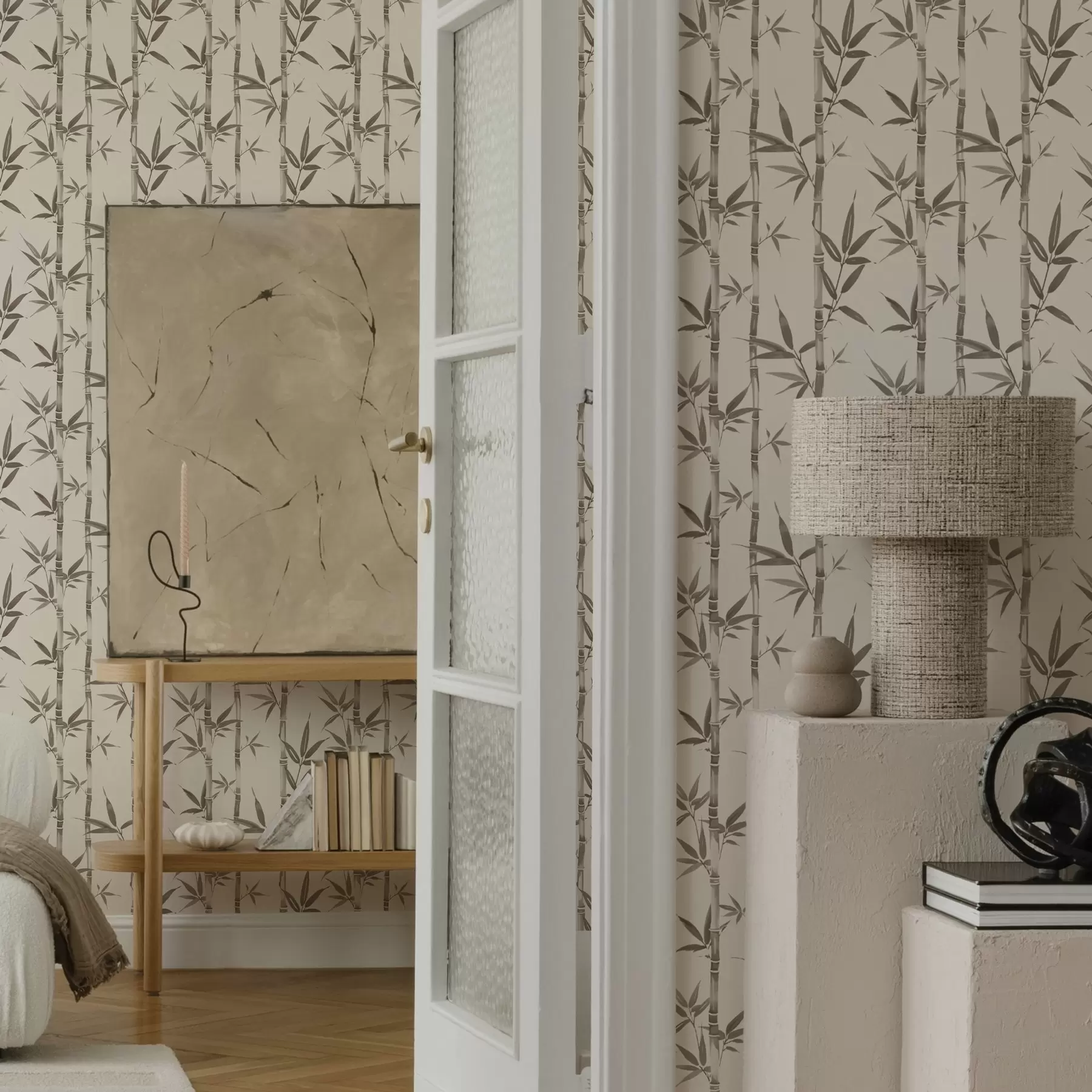 murales de pared Estampado de bambú beige con hojas de estilo japonés a00236