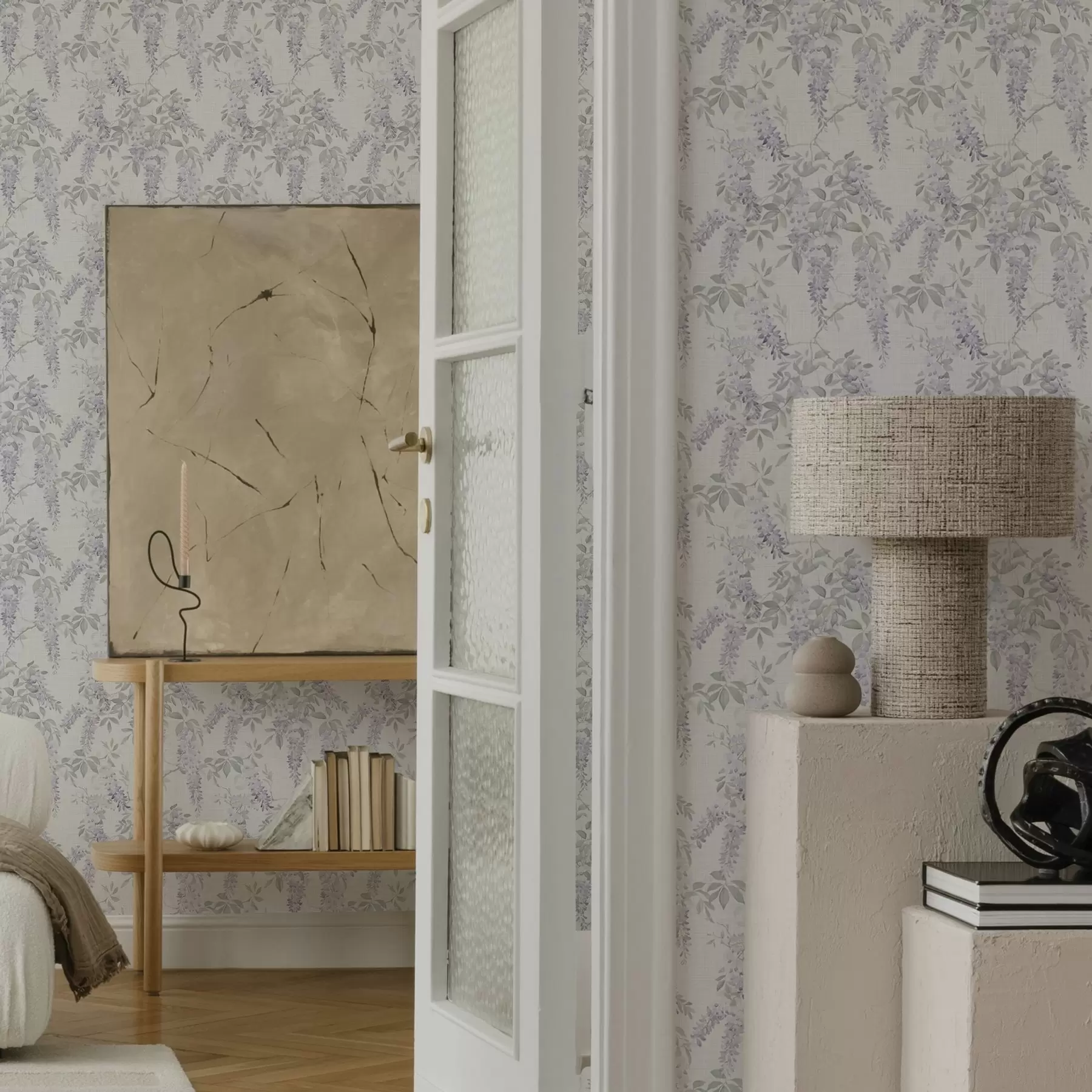 murales de pared Glicinias lilas sobre fondo blanco, estilo acuarela a00239