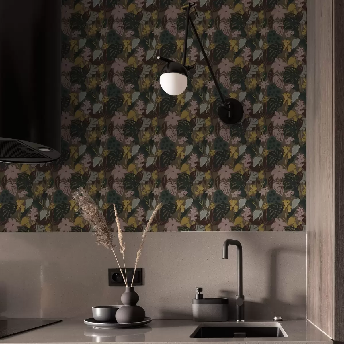 Papel pintado Hojas y flores tropicales oscuras en un cuadro denso cuadro denso a00244