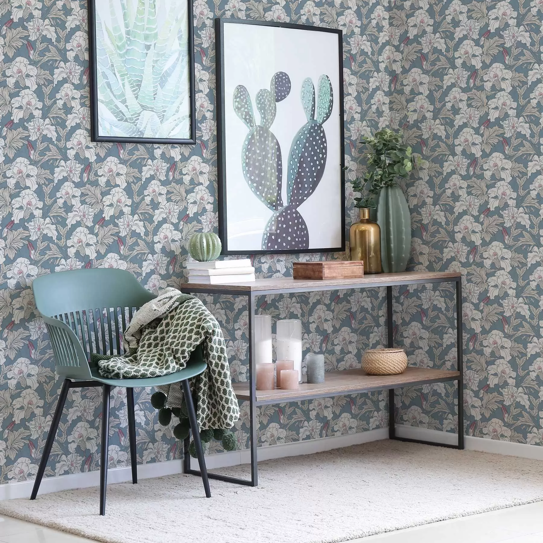 murales de pared Hibisco blanco sobre fondo azul con dibujo de contorno a00272v1