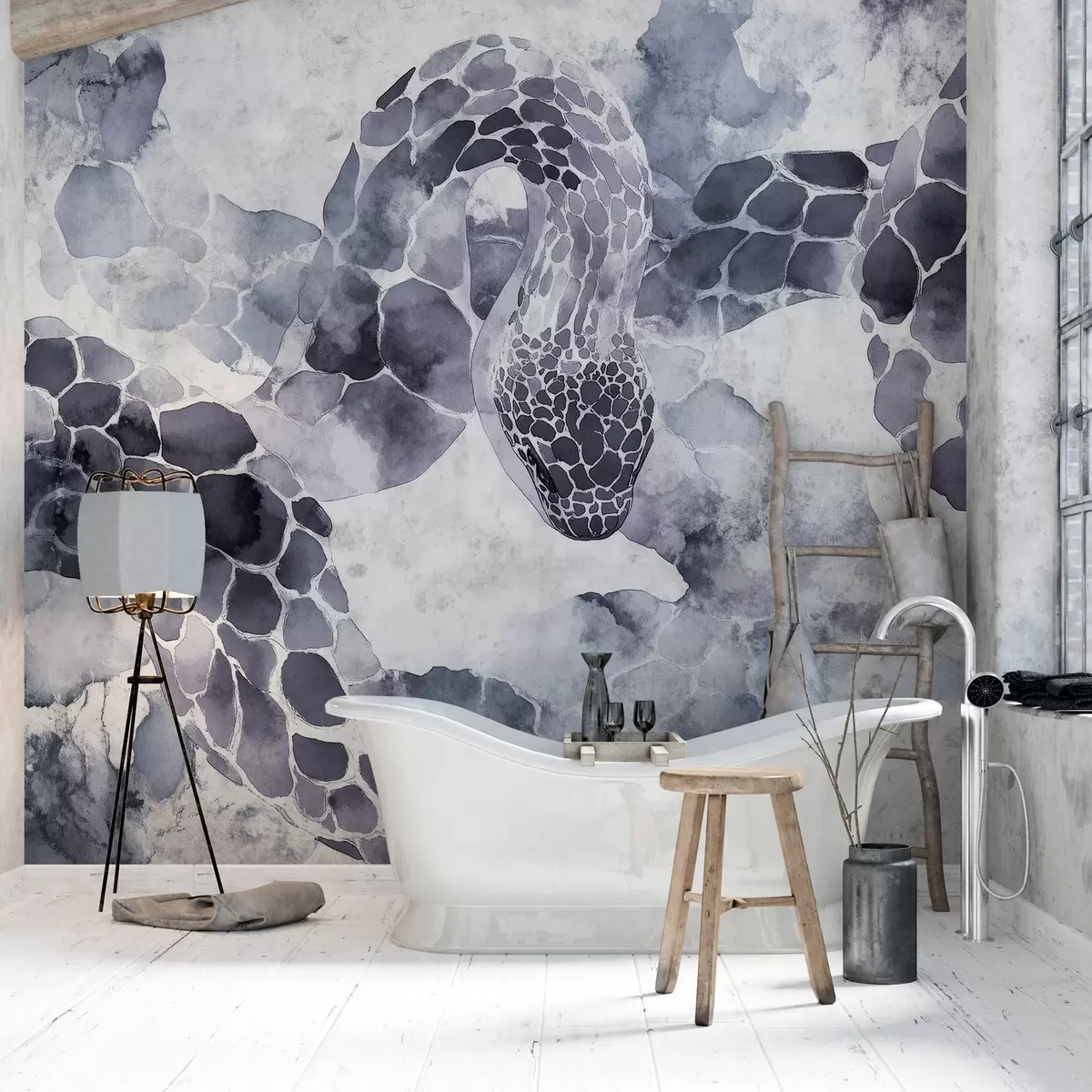 murales de pared Silueta de serpiente, estilo acuarela, colores azules w04113