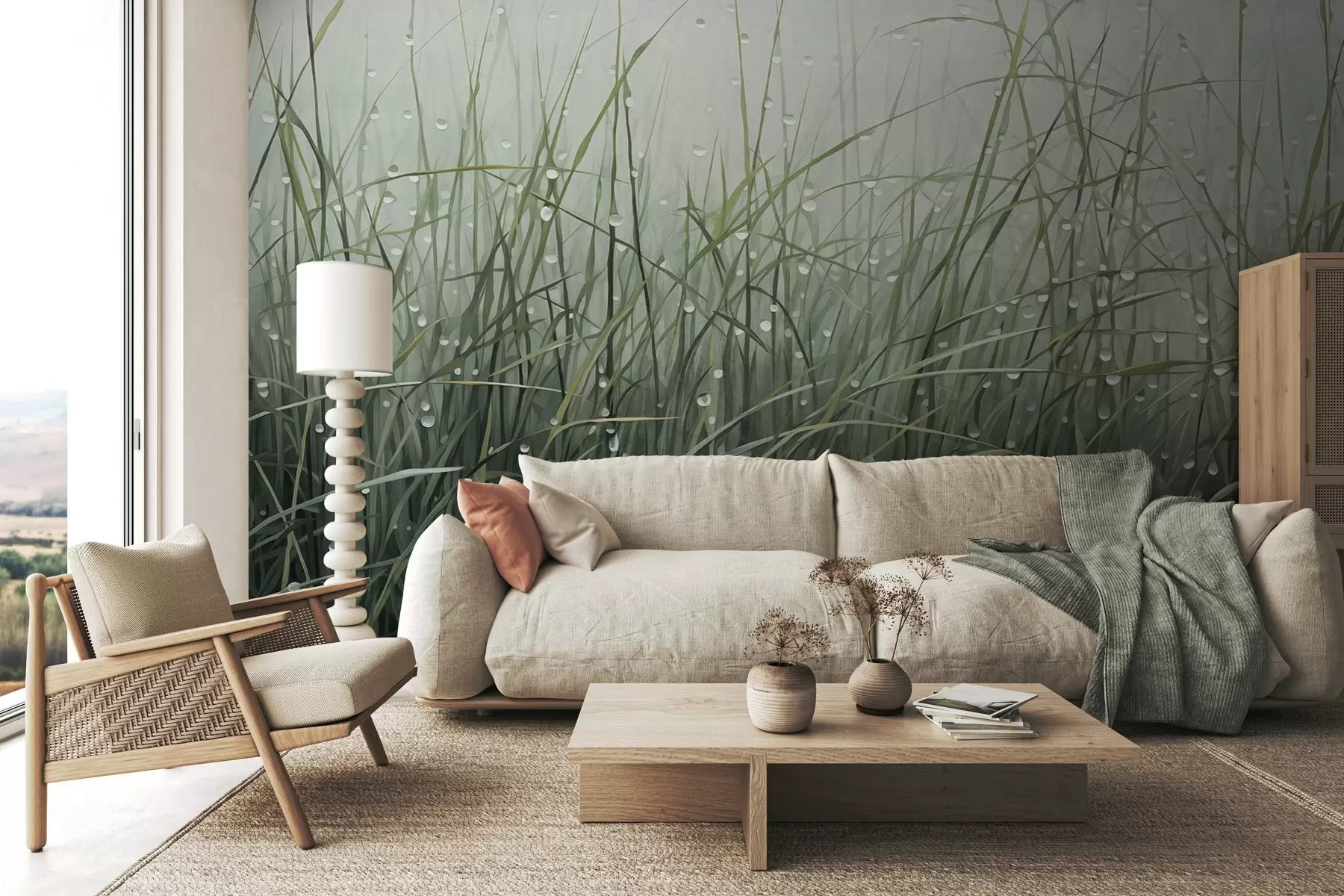 murales de pared Hierba con gotas de agua, tonos verdes apagados, luz suave, fondo brumoso, estilo abstracto minimalista texturizado w09217