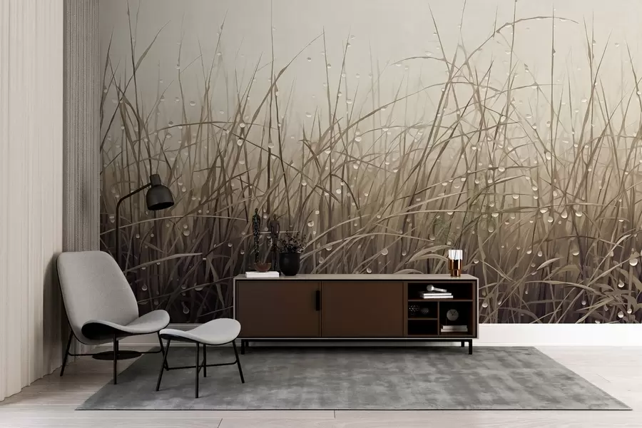 murales de pared Hierba con gotas de agua, tonos marrones apagados, luz suave, fondo brumoso, estilo abstracto minimalista con textura w09217v1