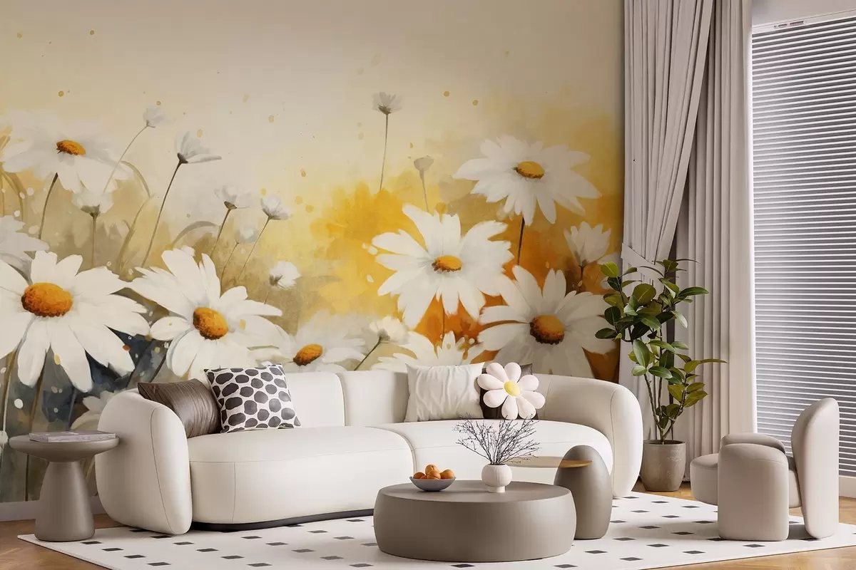 murales de pared Un campo de margaritas blancas con centros amarillos, sobre un suave fondo amarillo y beige, estilo acuarela w09218
