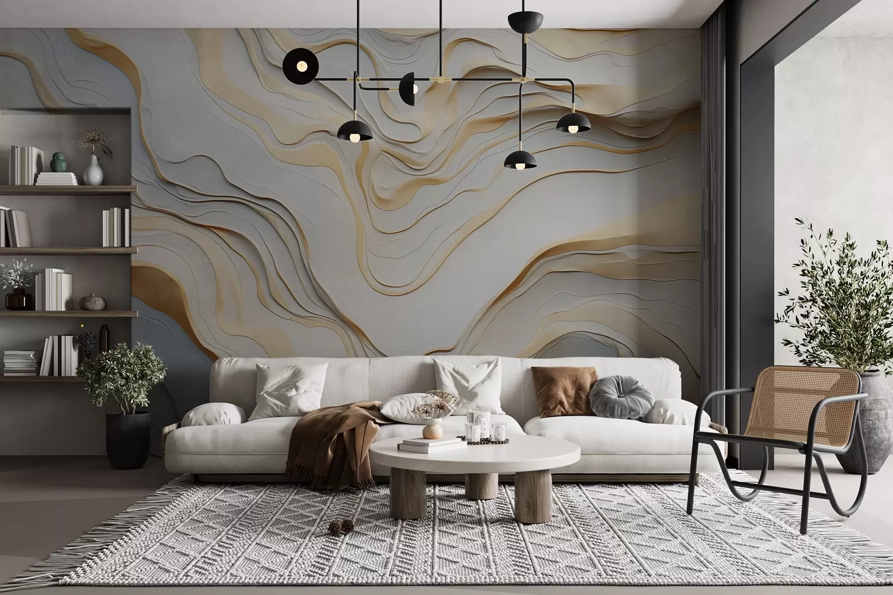 murales de pared capas, ondas, abstracción, beige, gris, suavidad, moderno w04255