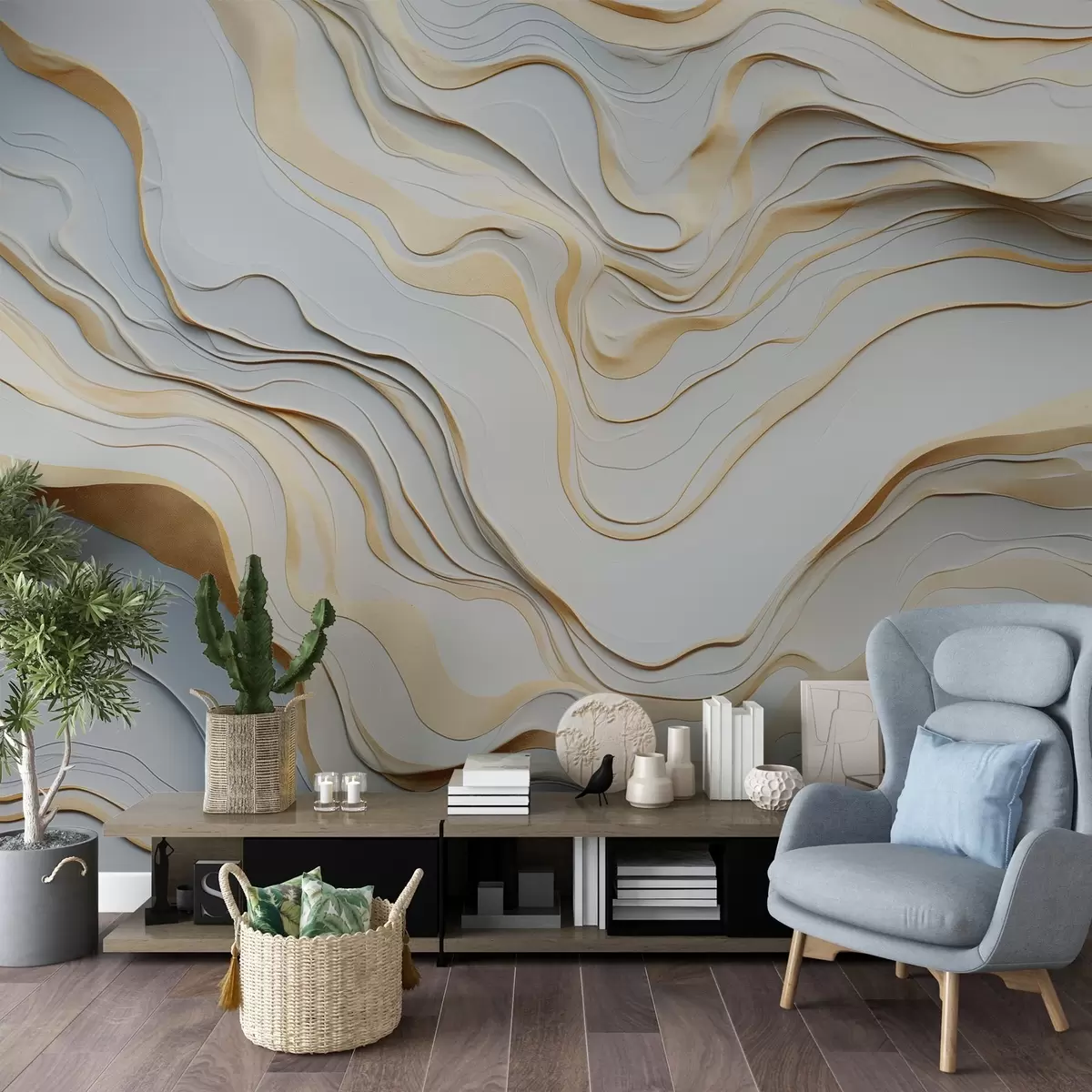 murales de pared capas, ondas, abstracción, beige, gris, suavidad, moderno w04255