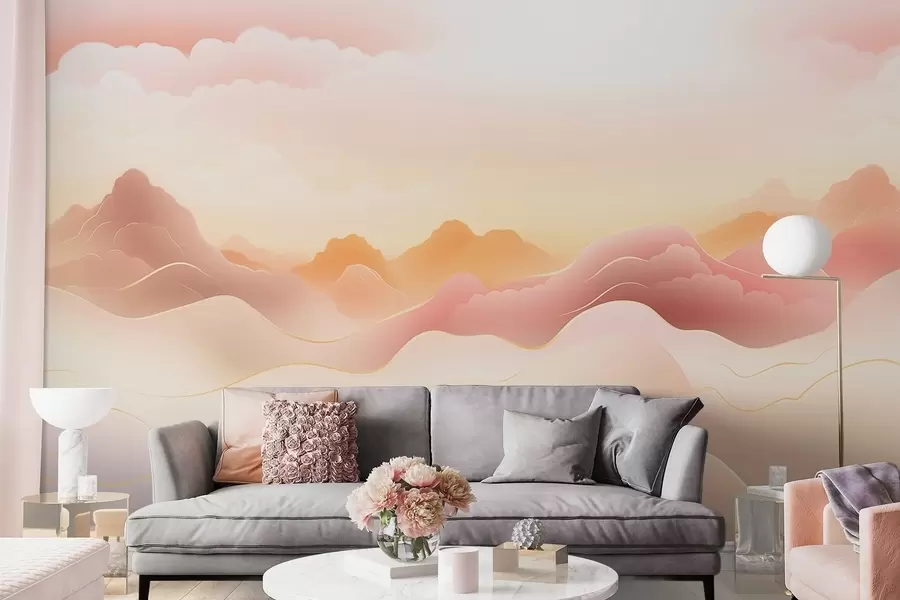 murales de pared Montañas neblinosas bajo un cálido amanecer w09242