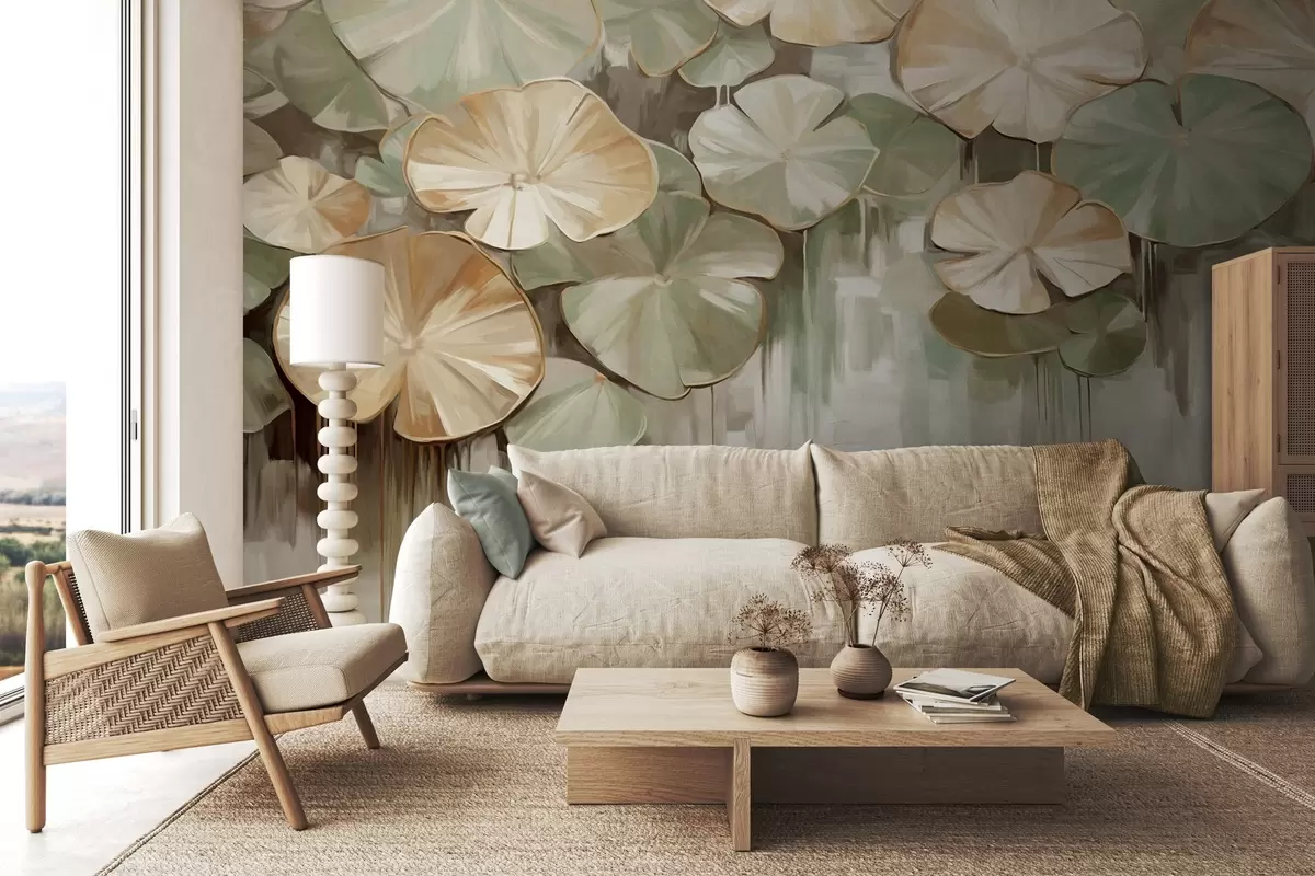 murales de pared Nenúfares texturizados con colores verde y beige en un estanque, el fondo es una mezcla borrosa de blanco, verde y marrón w09255
