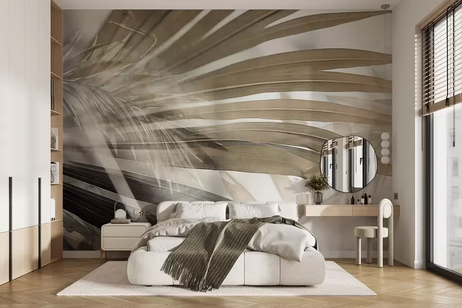 murales de pared Hojas de palmera con un tono marrón claro, superpuestas y creando un efecto de capas, sobre un fondo suave y neutro w09256
