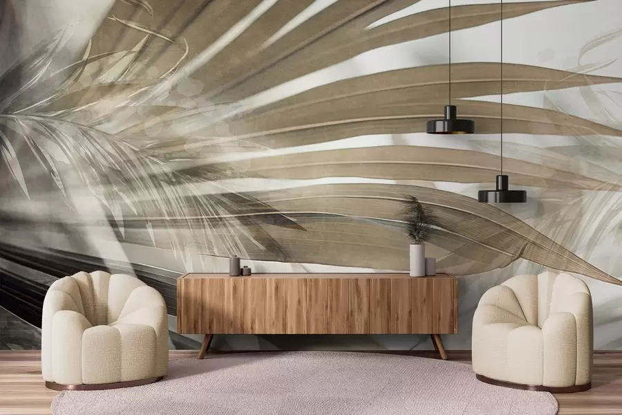 murales de pared Hojas de palmera con un tono marrón claro, superpuestas y creando un efecto de capas, sobre un fondo suave y neutro w09256