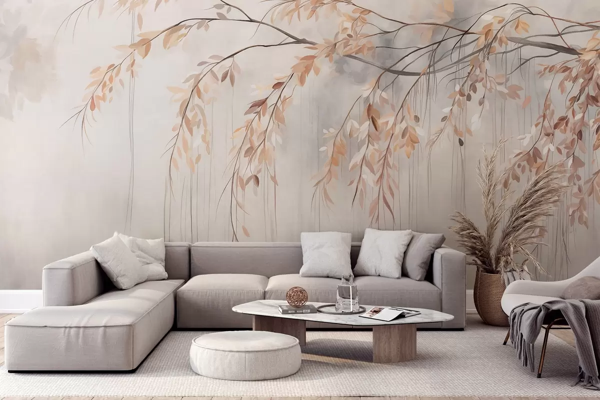 murales de pared Una rama con hojas de color naranja claro colgando, fondo gris claro con textura borrosa, estilo suave y delicado w09265