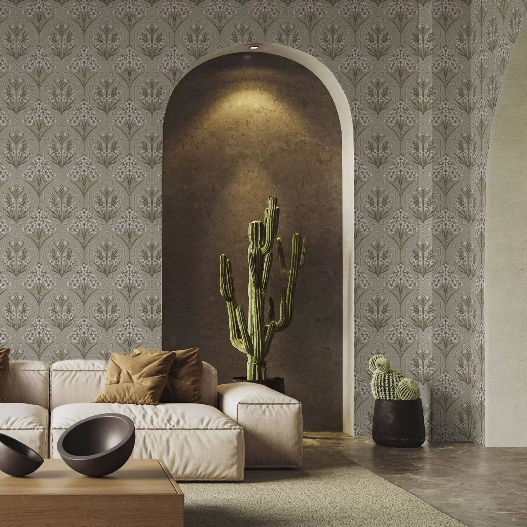 murales de pared Motivo simétrico de flores blancas sobre fondo gris a00302