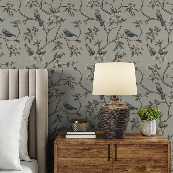 Fotomurale Papel pintado Ramas con pájaros y flores blancas sobre un fondo delicado, Papel pintado Flores y Plantas, a00303 : uwalls.com.py