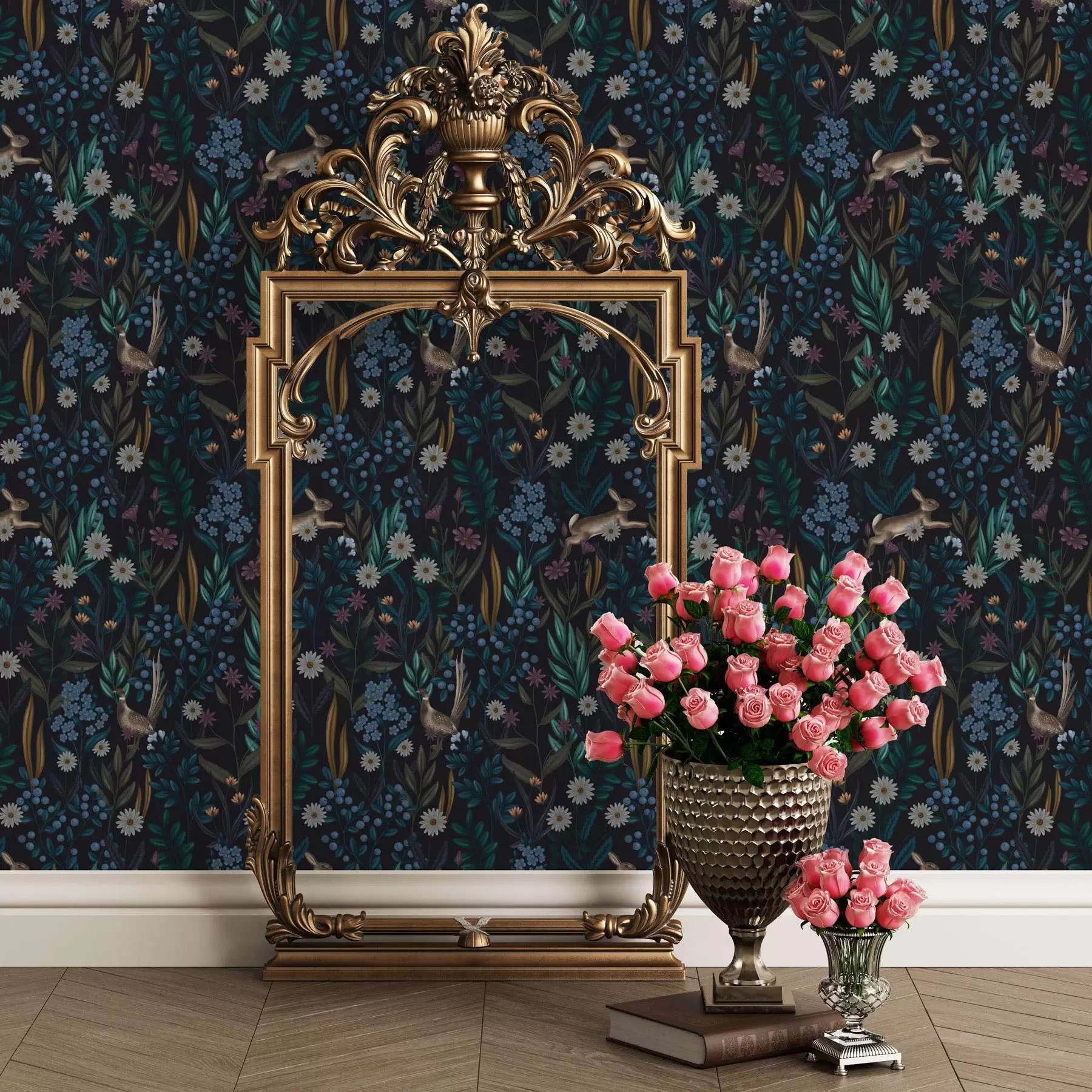 murales de pared Bosque oscuro con flores, liebre y un pájaro a00310