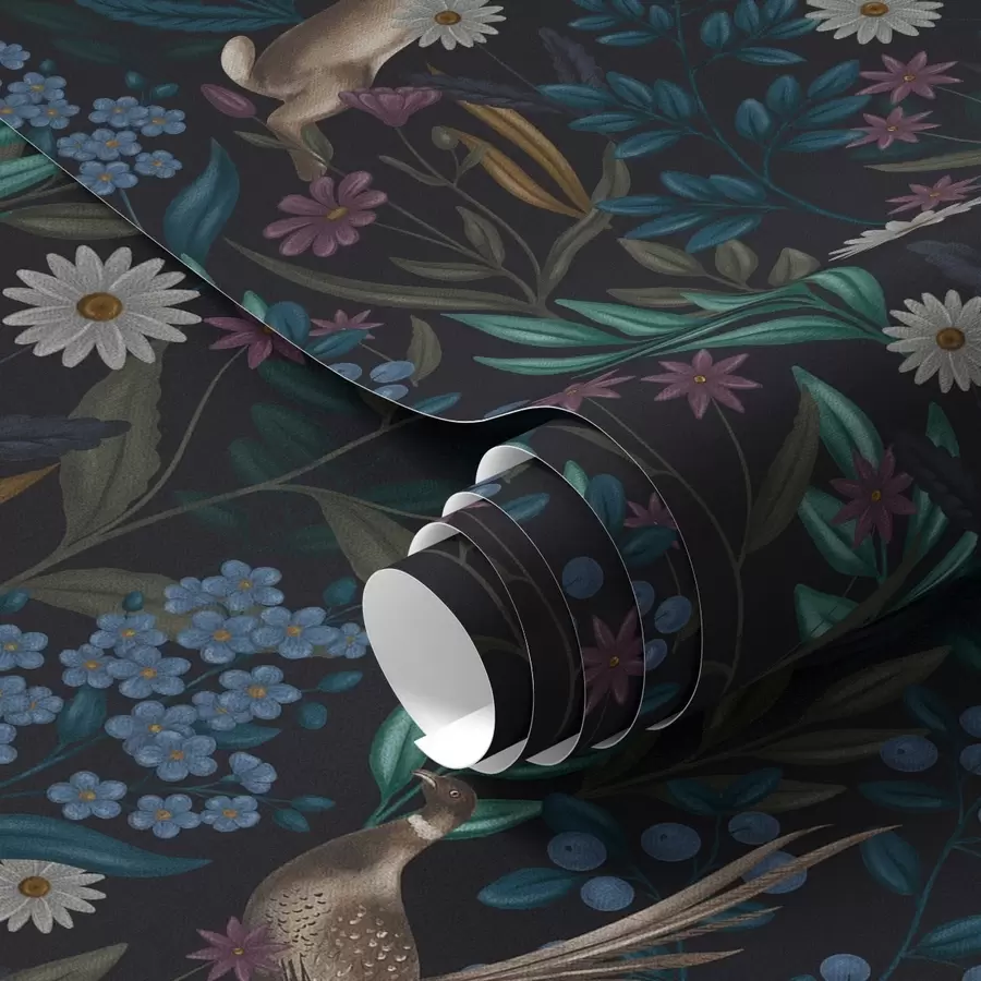 murales de pared Bosque oscuro con flores, liebre y un pájaro a00310