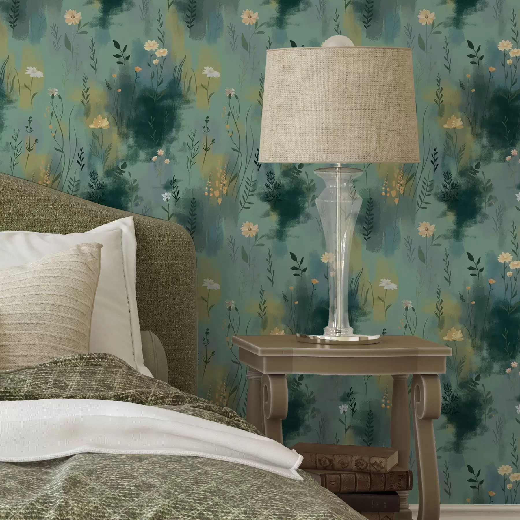 murales de pared Abstracción acuarela con flores sobre fondo verde a00312