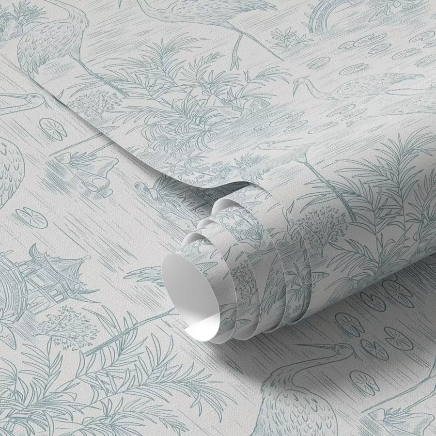 murales de pared Paisaje asiático con grullas, puentes y lotos a00405