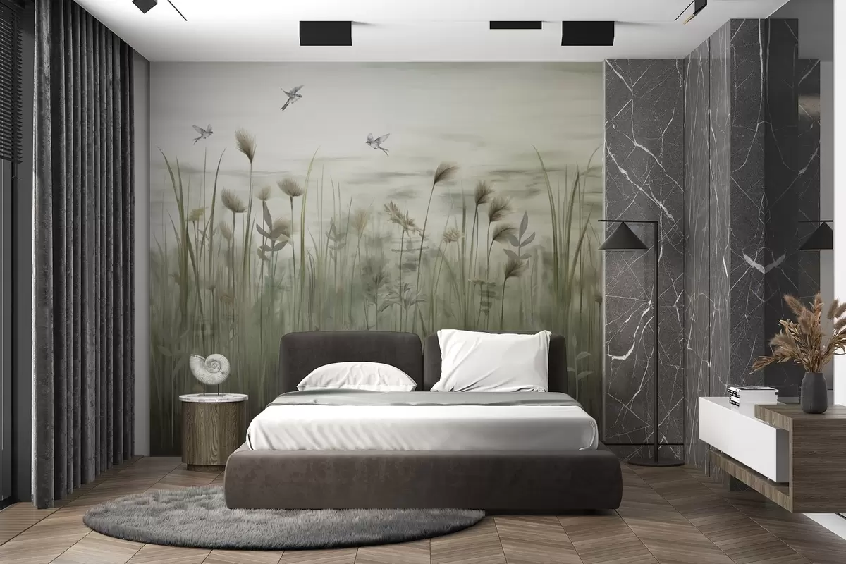 murales de pared Versión ligera de paisaje de hierba con golondrinas w04258