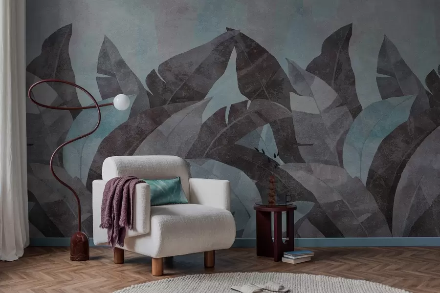 murales de pared hojas de plátano texturizadas en tonos azules y grises w04285v2
