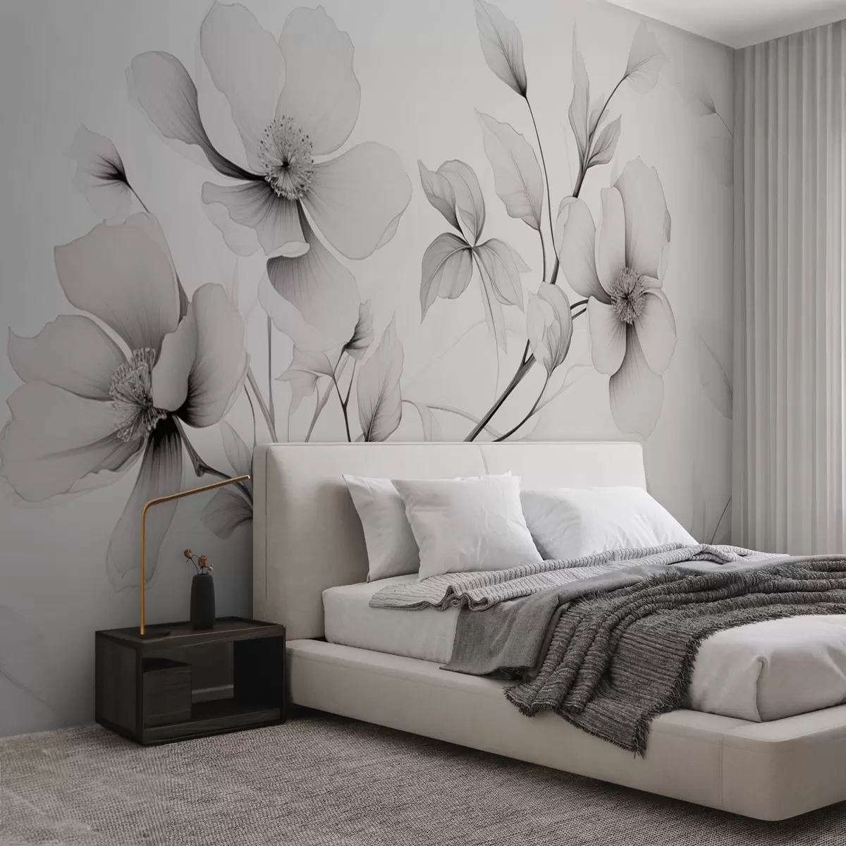 murales de pared Flores blancas y negras de líneas elegantes sobre fondo gris w09271
