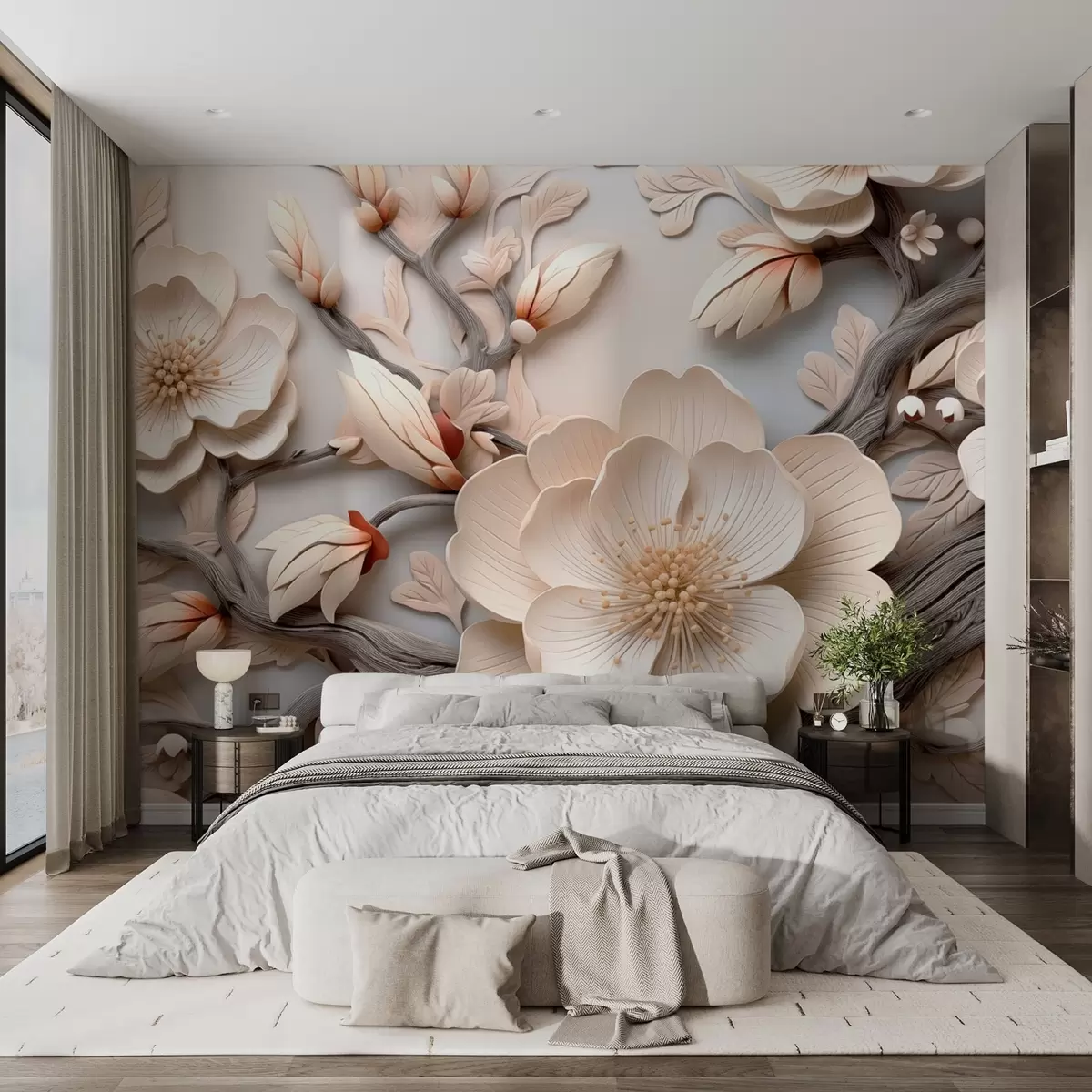 murales de pared Flores y ramas volumétricas en tonos claros w09272